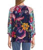 John Mark Embroidered Mixed Floral Print Split V-Neck 3/4 Sleeve Popover Top