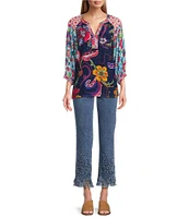 John Mark Embroidered Mixed Floral Print Split V-Neck 3/4 Sleeve Popover Top