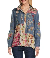 John Mark Embroidered Mixed Media Collar Long Sleeve Button Down Top