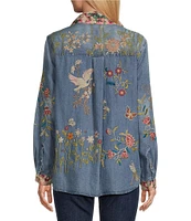 John Mark Embroidered Mixed Media Collar Long Sleeve Button Down Top