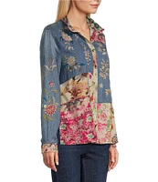 John Mark Embroidered Mixed Media Collar Long Sleeve Button Down Top