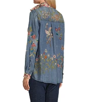 John Mark Embroidered Mixed Media Collar Long Sleeve Button Down Top