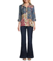 John Mark Embroidered Mixed Media Collar Long Sleeve Button Down Top