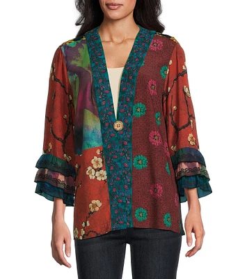 John Mark Embroidered Mixed Print 3/4 Ruffled Tiered Sleeve One Button Front Kimono