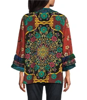 John Mark Embroidered Mixed Print 3/4 Ruffled Tiered Sleeve One Button Front Kimono