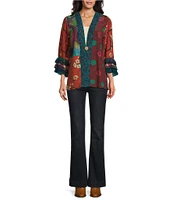 John Mark Embroidered Mixed Print 3/4 Ruffled Tiered Sleeve One Button Front Kimono