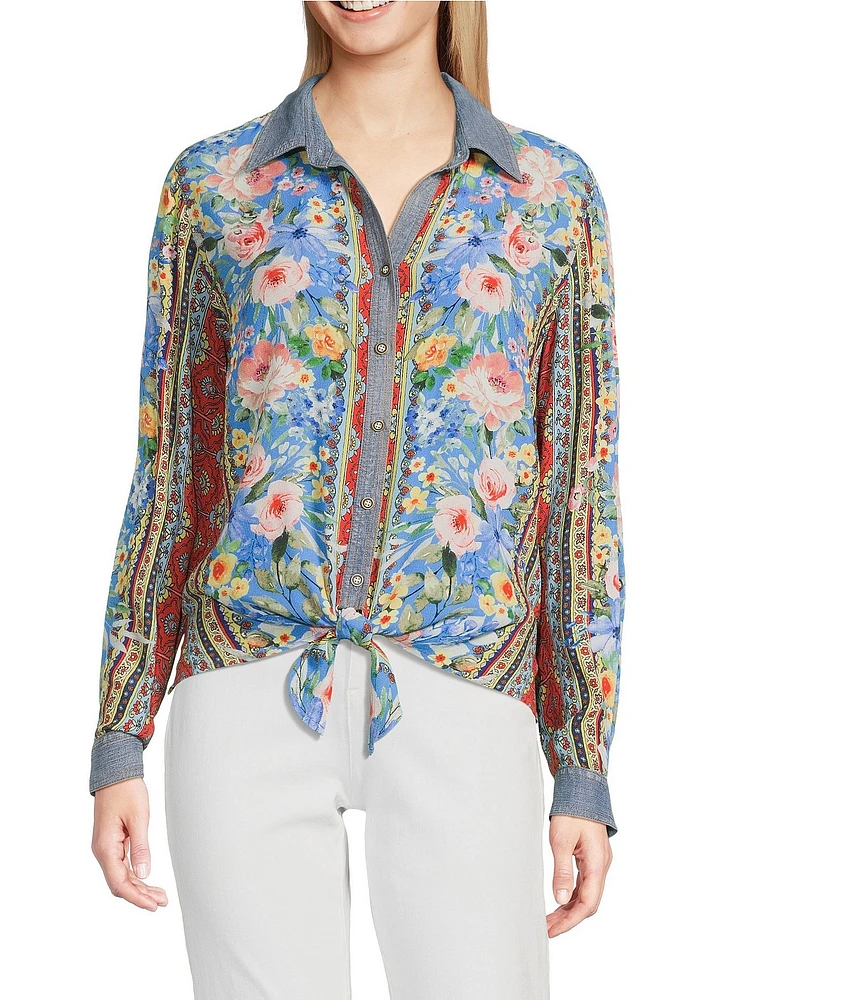 John Mark Embroidered Multi Floral Point Collar Long Roll-Tab Sleeve Tie-Front Top