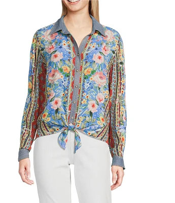 John Mark Embroidered Multi Floral Point Collar Long Roll-Tab Sleeve Tie-Front Top