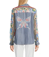 John Mark Embroidered Multi Floral Point Collar Long Roll-Tab Sleeve Tie-Front Top