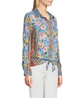 John Mark Embroidered Multi Floral Point Collar Long Roll-Tab Sleeve Tie-Front Top