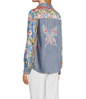 John Mark Embroidered Multi Floral Point Collar Long Roll-Tab Sleeve Tie-Front Top