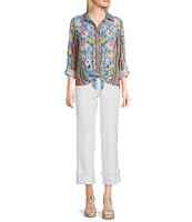 John Mark Embroidered Multi Floral Point Collar Long Roll-Tab Sleeve Tie-Front Top