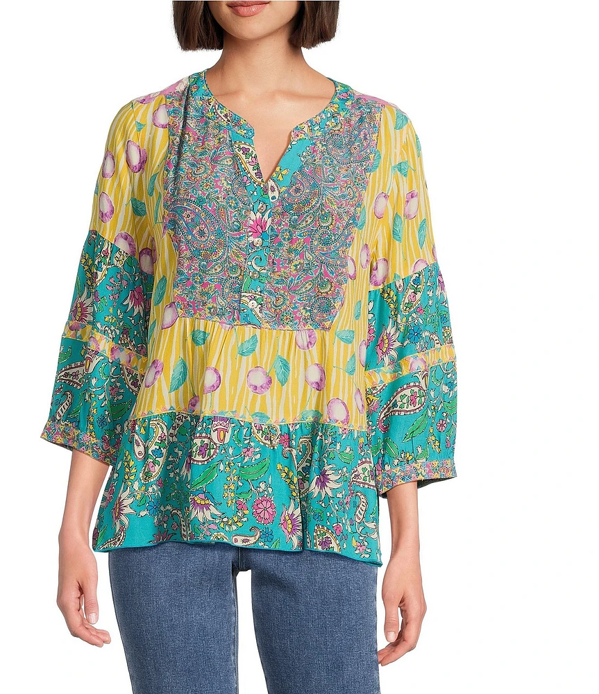 John Mark Embroidered Multi Print Banded Y-Neck 3/4 Sleeve Popover Top