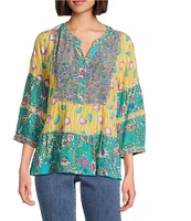 John Mark Embroidered Multi Print Banded Y-Neck 3/4 Sleeve Popover Top