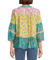John Mark Embroidered Multi Print Banded Y-Neck 3/4 Sleeve Popover Top