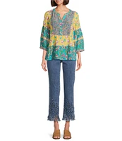 John Mark Embroidered Multi Print Banded Y-Neck 3/4 Sleeve Popover Top