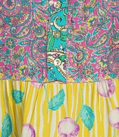 John Mark Embroidered Multi Print Banded Y-Neck 3/4 Sleeve Popover Top