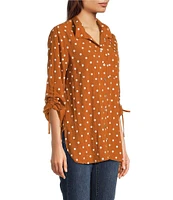 John Mark Embroidered Polka Dot Cinch Tie Sleeve Button Front Tunic