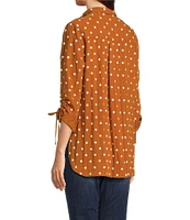 John Mark Embroidered Polka Dot Cinch Tie Sleeve Button Front Tunic
