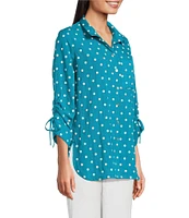 John Mark Embroidered Polka Dot Cinch Tie Sleeve Button Front Tunic
