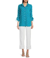 John Mark Embroidered Polka Dot Cinch Tie Sleeve Button Front Tunic