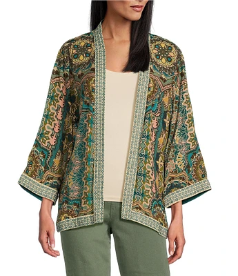 John Mark Embroidered Printed Open Front 3/4 Sleeve Kimono