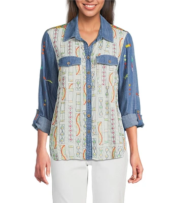 John Mark Embroidered Printed Point Collar Long Roll-Tab Sleeve Button-Front Top