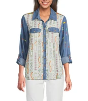 John Mark Embroidered Printed Point Collar Long Roll-Tab Sleeve Button-Front Top