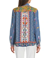 John Mark Embroidered Printed Point Collar Long Roll-Tab Sleeve Button-Front Top