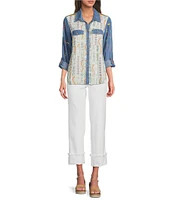 John Mark Embroidered Printed Point Collar Long Roll-Tab Sleeve Button-Front Top