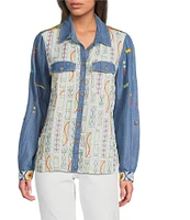 John Mark Embroidered Printed Point Collar Long Roll-Tab Sleeve Button-Front Top