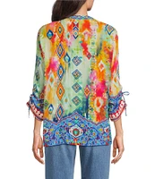 John Mark Embroidered Printed Split V-Neck 3/4 Cinched Sleeve Tassel Tie Front Tunic