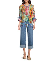 John Mark Embroidered Printed Split V-Neck 3/4 Cinched Sleeve Tassel Tie Front Tunic