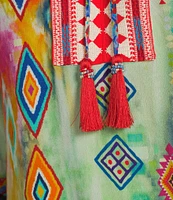 John Mark Embroidered Printed Split V-Neck 3/4 Cinched Sleeve Tassel Tie Front Tunic