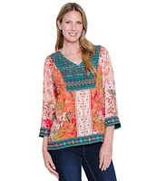 John Mark Embroidered Printed V-Neck 3/4 Sleeve Top