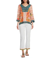 John Mark Embroidered Printed V-Neck 3/4 Sleeve Top