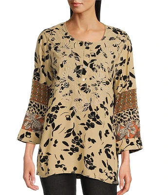 John Mark Embroidered Round Neck 3/4 Sleeve Button Up Tunic Top