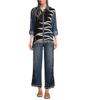 John Mark Embroidered Scarf Jacquard Point Collar Long Roll-Tab Sleeve Button Front Blouse