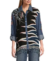 John Mark Embroidered Scarf Jacquard Point Collar Long Roll-Tab Sleeve Button Front Blouse