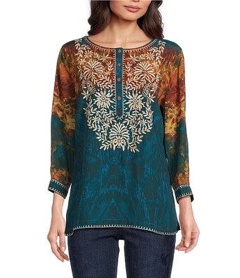 John Mark Embroidered Scoop Neck 3/4 Sleeve Button Up Top