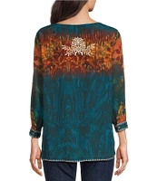 John Mark Embroidered Scoop Neck 3/4 Sleeve Button Up Top