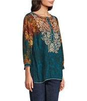 John Mark Embroidered Scoop Neck 3/4 Sleeve Button Up Top