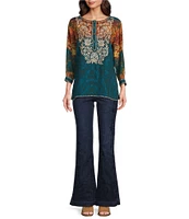 John Mark Embroidered Scoop Neck 3/4 Sleeve Button Up Top