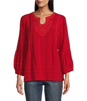 John Mark Embroidered Split Round Neck 3/4 Sleeve Tunic Top