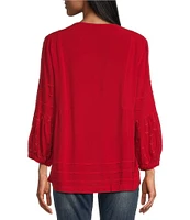 John Mark Embroidered Split Round Neck 3/4 Sleeve Tunic Top