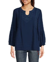 John Mark Embroidered Split Round Neck 3/4 Sleeve Tunic Top