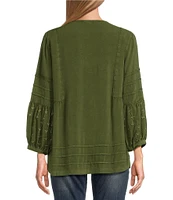 John Mark Embroidered Split Round Neck 3/4 Sleeve Tunic Top