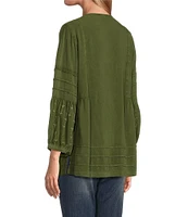 John Mark Embroidered Split Round Neck 3/4 Sleeve Tunic Top