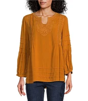 John Mark Embroidered Split Round Neck 3/4 Sleeve Tunic Top