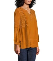 John Mark Embroidered Split Round Neck 3/4 Sleeve Tunic Top